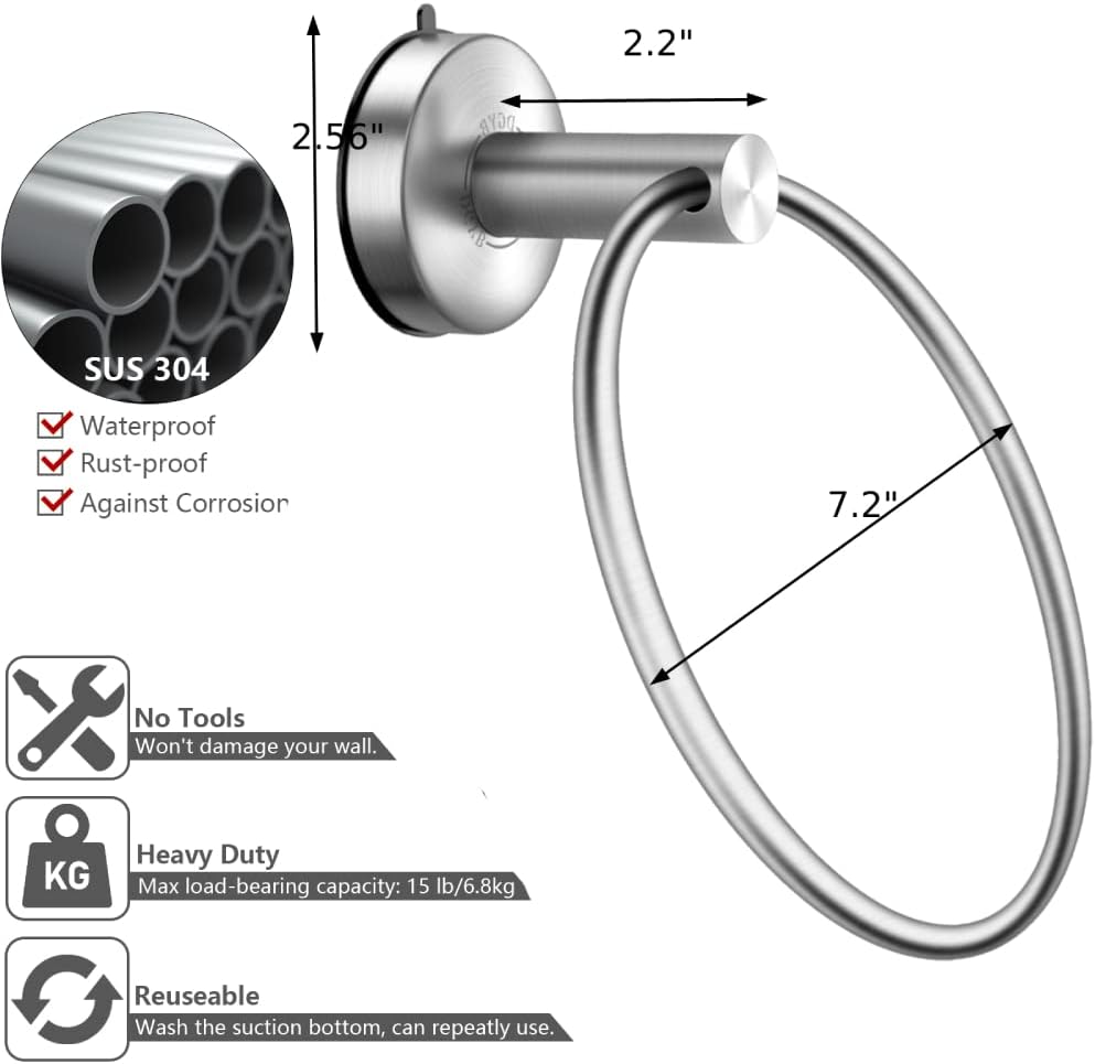 DGYB Suction Cup Hand Towel Ring Brushed Nickel Hand Towel Holder for Bathroom Wall SUS 304 Stainless Steel Kitchen Towel Hanger