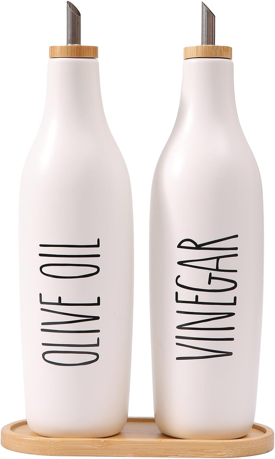 HOMCDALY Olive Oil and Vinegar Dispenser Set, 16oz Ceramic Oil Dispenser for Kitchen, Kitchen Dispenser Bottle for EVOO Vinegar Syrups, Modern Farmhouse Design | Set of 2 – P-White