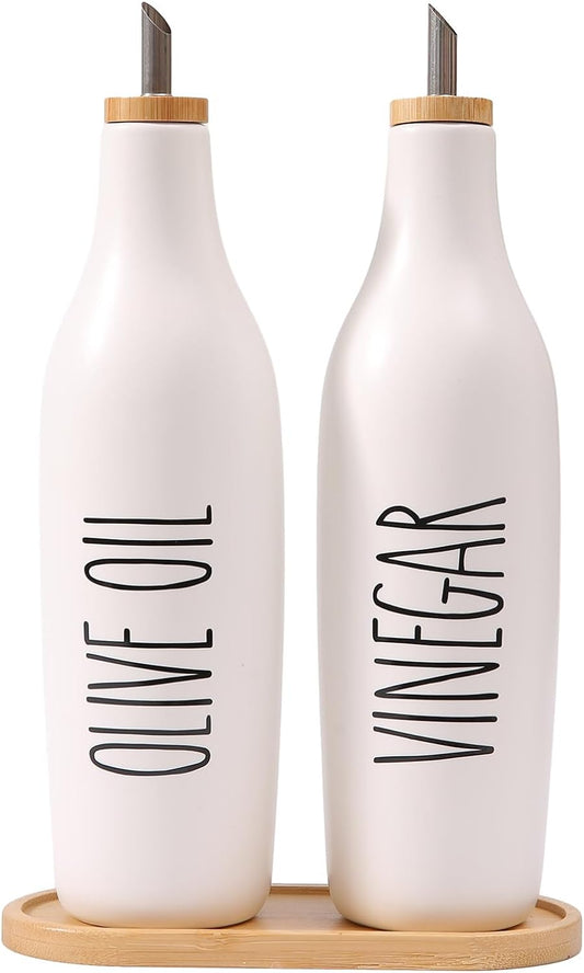 HOMCDALY Olive Oil and Vinegar Dispenser Set, 16oz Ceramic Oil Dispenser for Kitchen, Kitchen Dispenser Bottle for EVOO Vinegar Syrups, Modern Farmhouse Design | Set of 2 – P-White