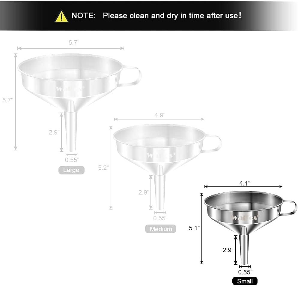 Stainless Steel Funnel, Walfos Kitchen Funnel with 2 Removable Strainer ＆ 1Pc Cleaning Brush, Perfect for Transferring of Liquid, Oils, Jam, Dry Ingredients & Powder (4.1")