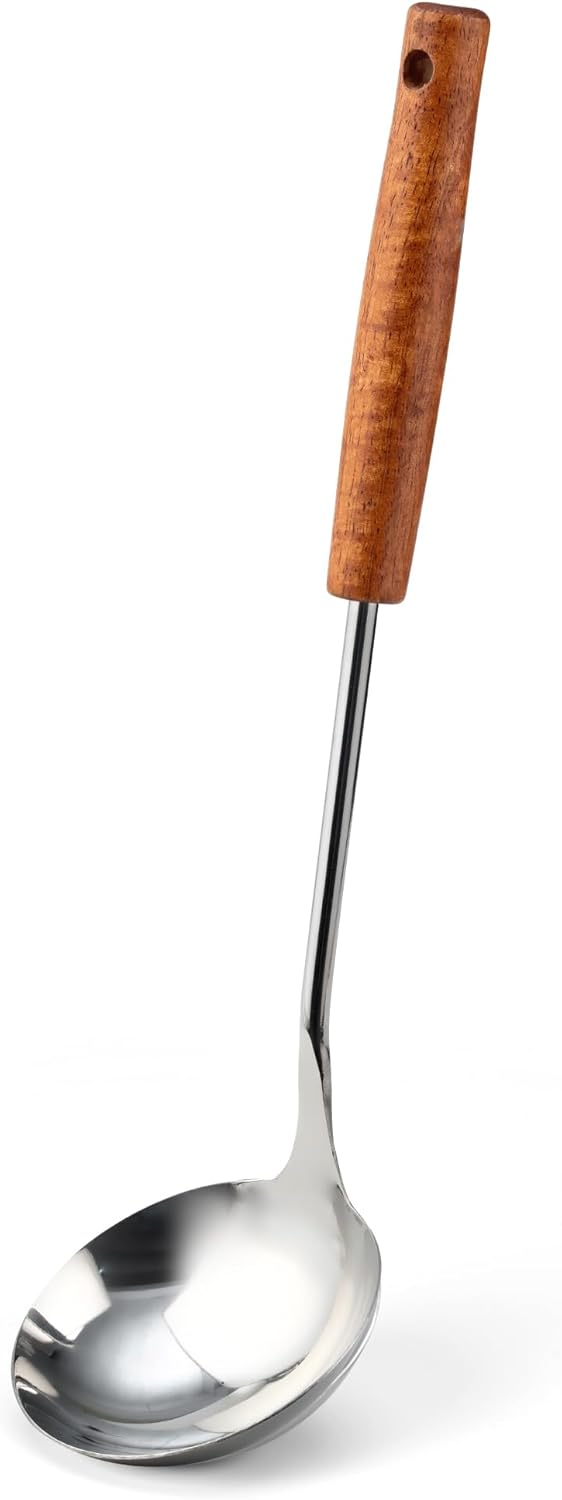 FJNATINH Soup Ladle, Food Grade Stainless Steel Ladle, Cooking Soup Spoon Kitchen Tools with Heat Resistant Wooden Handle, 13.7 Inches