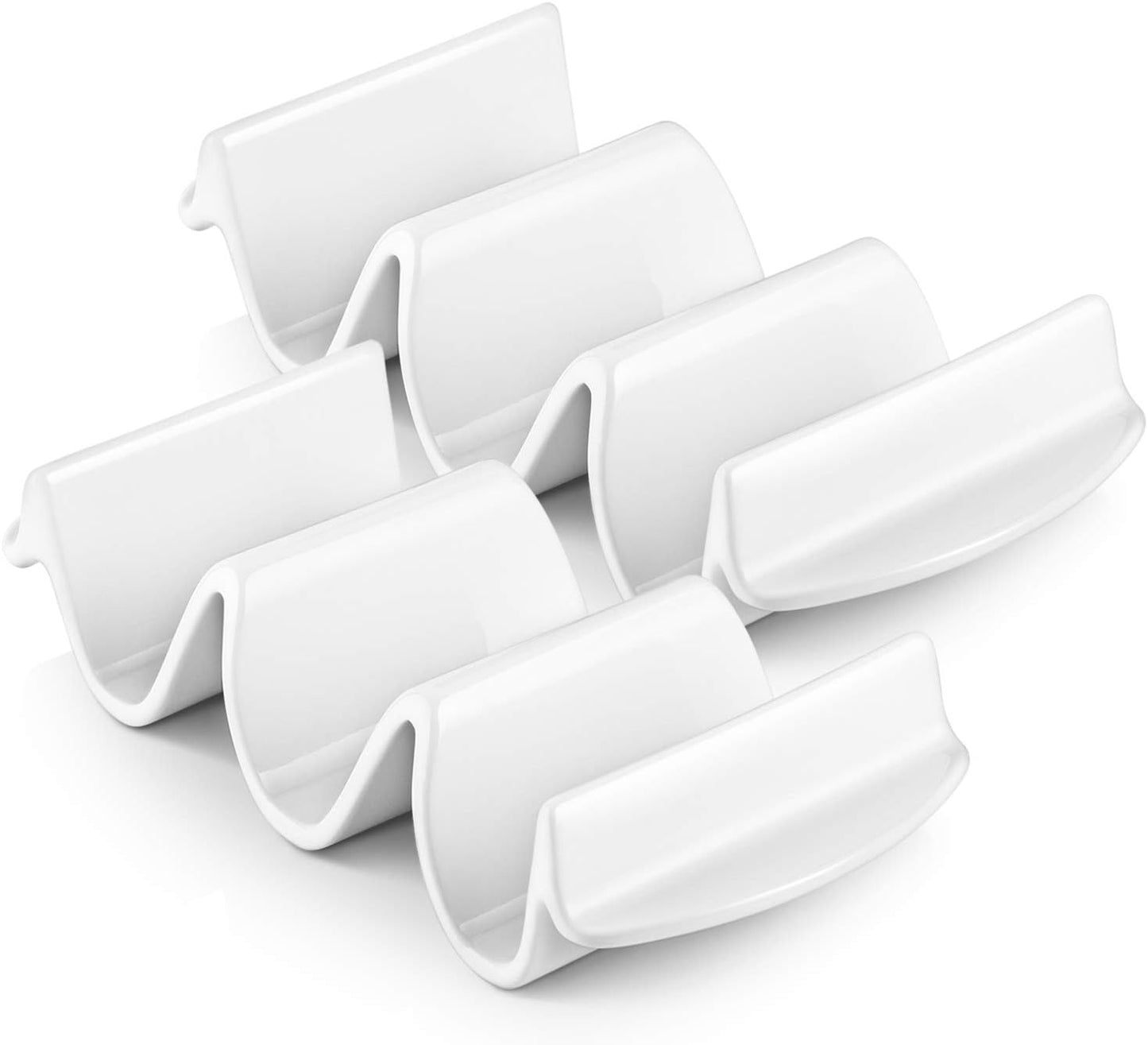 DOWAN Porcelain Taco Holder, 9.75" Large Taco Stand with Handle, Sturdy and Stable, Oven & Microwave & Dishwasher Safe, Safe without Sharp Edge, Taco Trays Holds 3 Taco Shell, Easy to Clean, Set of 2