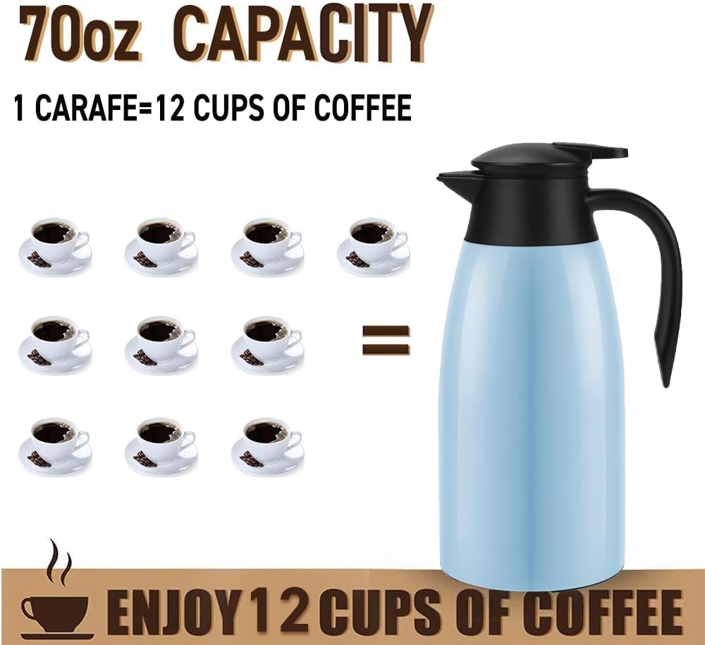 70oz Coffee Carafe Airpot Insulated Coffee Urn Stainless Steel Vacuum Thermal Pot Flask for Coffee, Hot Water, Tea, Hot Beverage Keep 12 Hours Hot, 24 Hours Cold, Blue