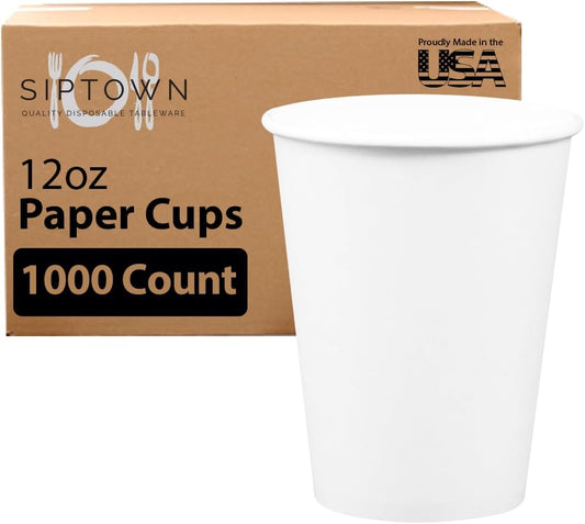 Made-In-USA 12 Ounce Disposable Hot Paper Cups, 1000 Count, 12oz | Coffee Cups, Leak-Free Food Safe Paper Cups, White Paper Cups for Hot Drinks (12 oz)