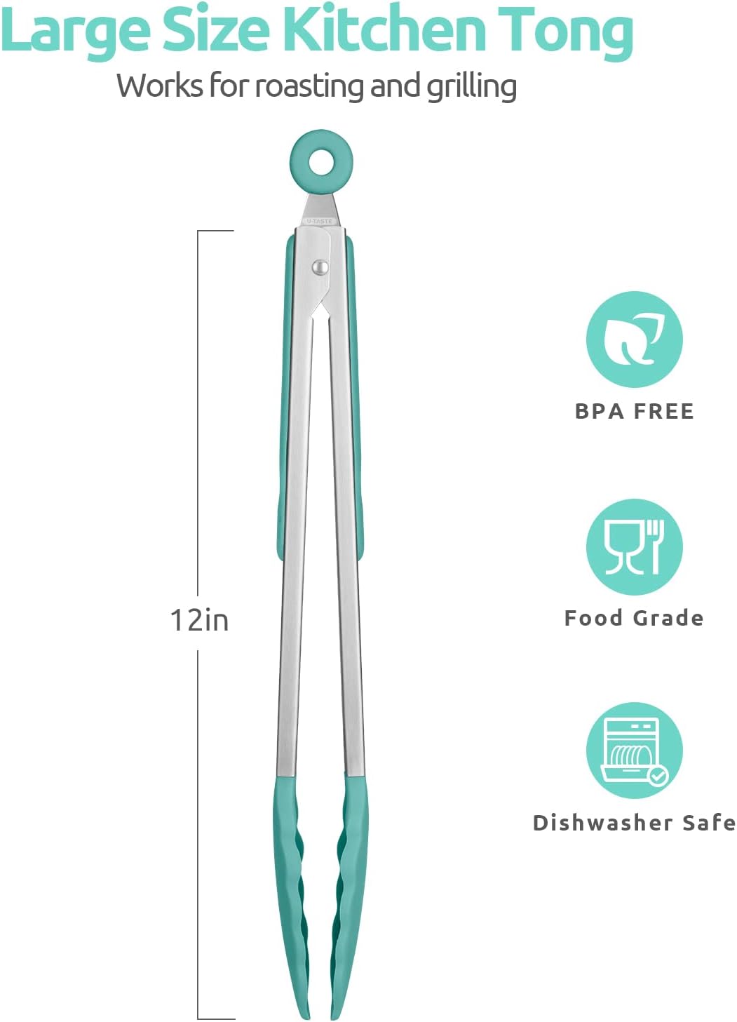 Heat Resistant Silicone Kitchen Tong: U-Taste 12 inch Large 480ºF Hot Proof Cooking Tong with Sturdy Non Stick Rubber Tips & Silicon Coated Steel Handle & Smooth Locking for Serving Salad (Aqua Sky)