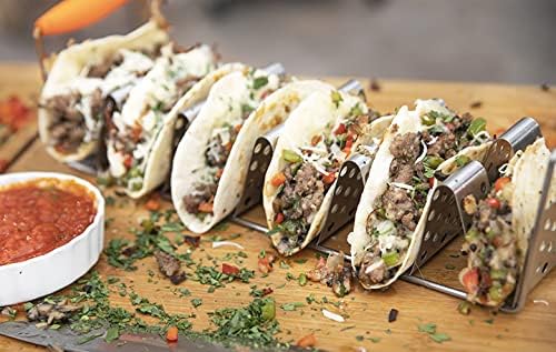 BLACKSTONE 5173 Deluxe Holder Stand Pack of 2 Stainless Steel Racks with Heat Resistant Handles-One Tray Holds 6 Tacos-Dishwasher Safe, Orange/Silver