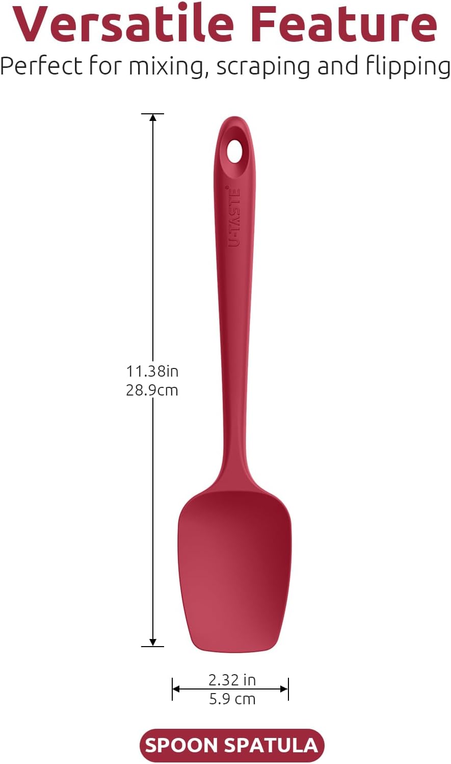 U-Taste Silicone Spoon Spatula Set: 480ºF Heat Resistant Food Grade Flexible Rubber Spoonula, Nonstick Cooking Mixing Scooping Kitchen Baking Scraper Utensils Set of 3 for Pan, Pot, Bowl (Red)