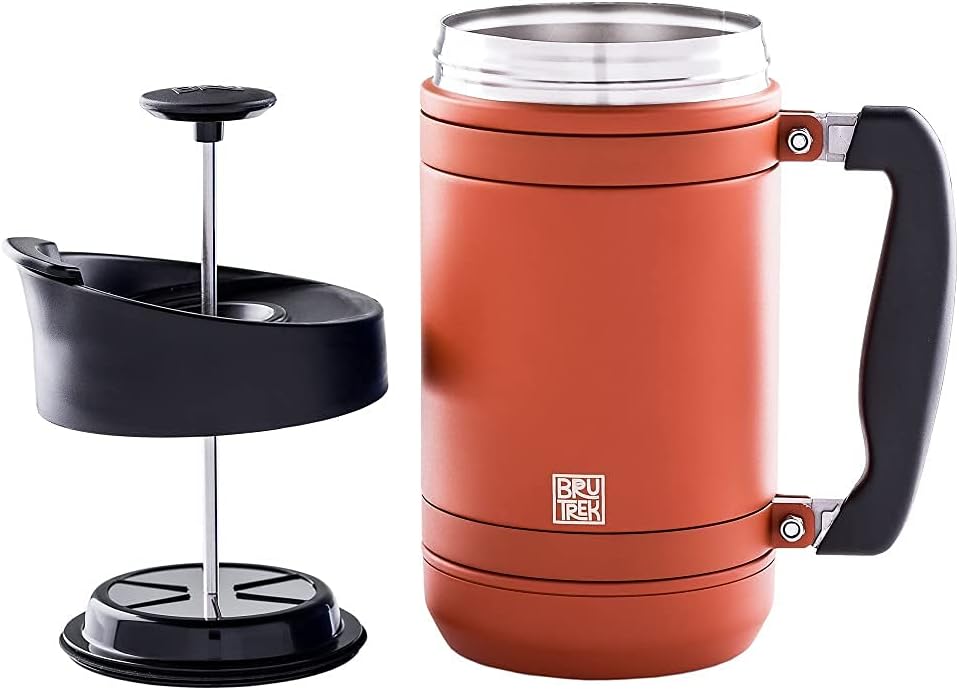 BaseCamp Coffee Press - Double Wall Insulated Stainless Steel - Bru-Stop Technology, No Grounds in Coffee, No Spill Lid (Red Rock, 32 fl.oz)