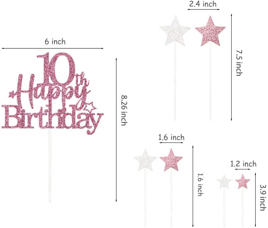 Glittery 10th Happy Birthday Cake Topper with Star,Personalised 10 Birthday Cake Toppers Party Decorations Party Supplies for Boys Girls Rose Gold