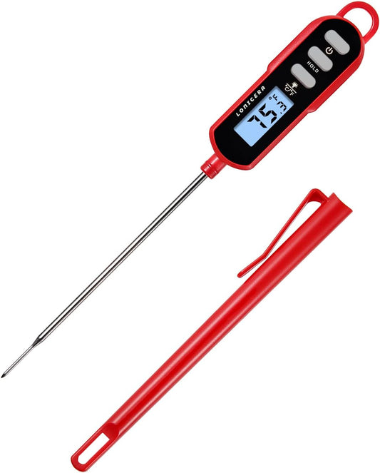 Lonicera Digital Cooking Thermometer for Bread Baking, Food and Water Temperature Measurement. Waterproof and Long Stem with Meat Temp Guide, Display with Backlit (Red)