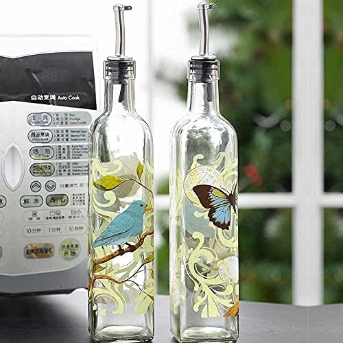 DUSVALLY Olive Oil Bottle Dispenser, Oil and Vinegar Bottles Set, Hand Painted Glass Dispenser Oil Bottle with Leak Proof Pourer Spout for Kitchen Cooking or Salad Dressing, 17 oz, 2 Pack