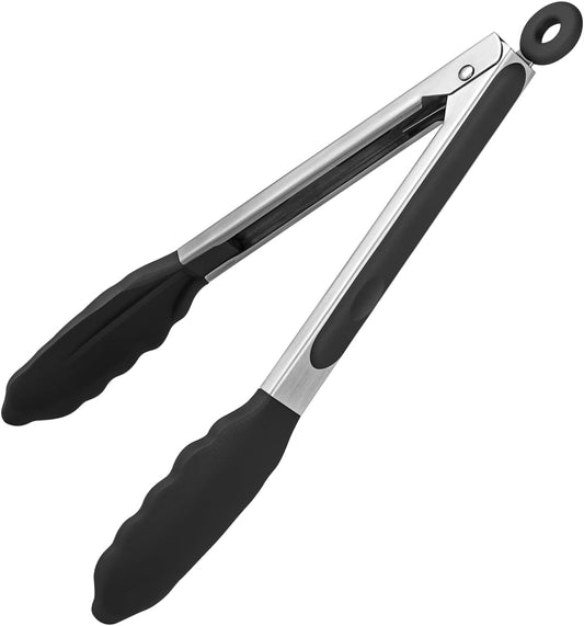Heat Resistant Silicone Kitchen Tong: U-Taste 9 inch 480ºF Hot Proof Cooking Tong with Firm Sealed Non Stick Rubber Tips & Silicon Coated Steel Handle & Smooth Locking for Serving Grill Salad (Black)
