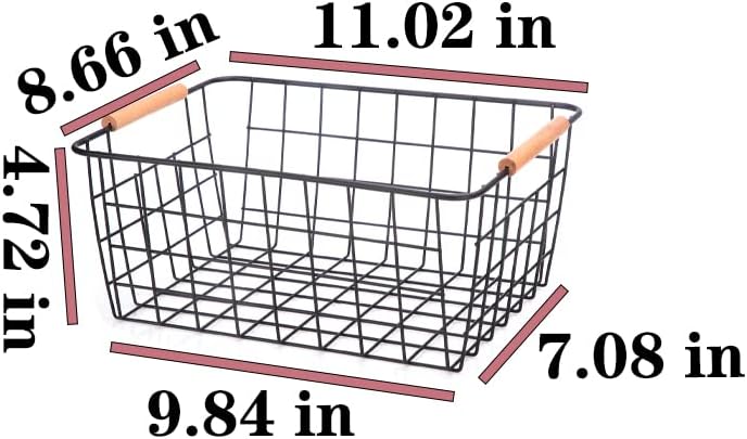 Metal Wire Food Storage Basket Organizer with Wooden Handles for Organizing Kitchen Cabinets, 4 Packs-Black