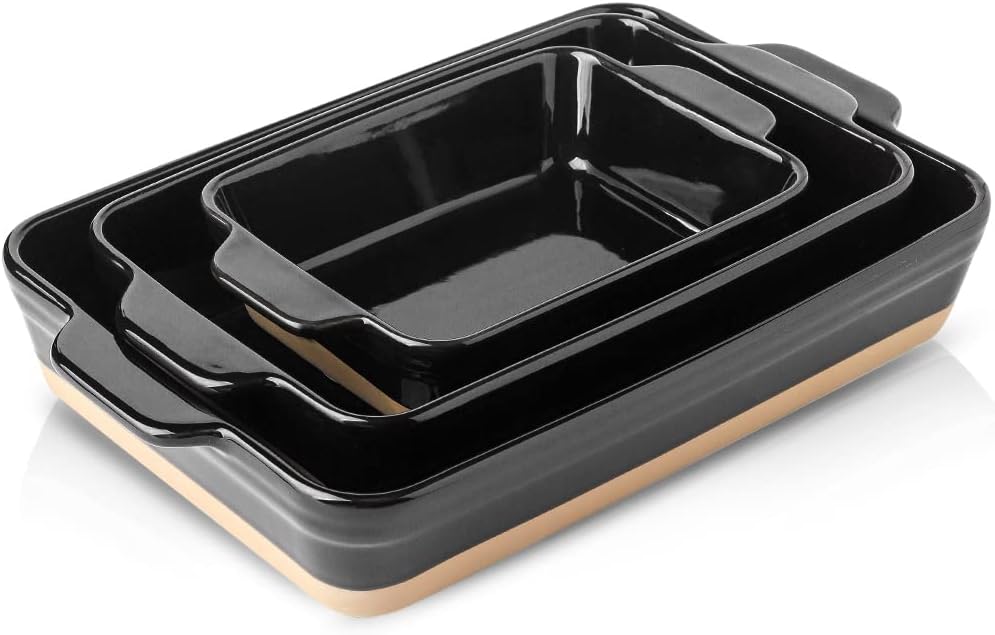 HVH Baking Dish Set, 9x13 Baking Dish, Ceramic Lasagne Pan Deep, Large Casserole Dish Set, Baking Dishes for Casseroles 13 x 9, Ceramic Bakeware Set of 3, Farmhouse Style (Black)