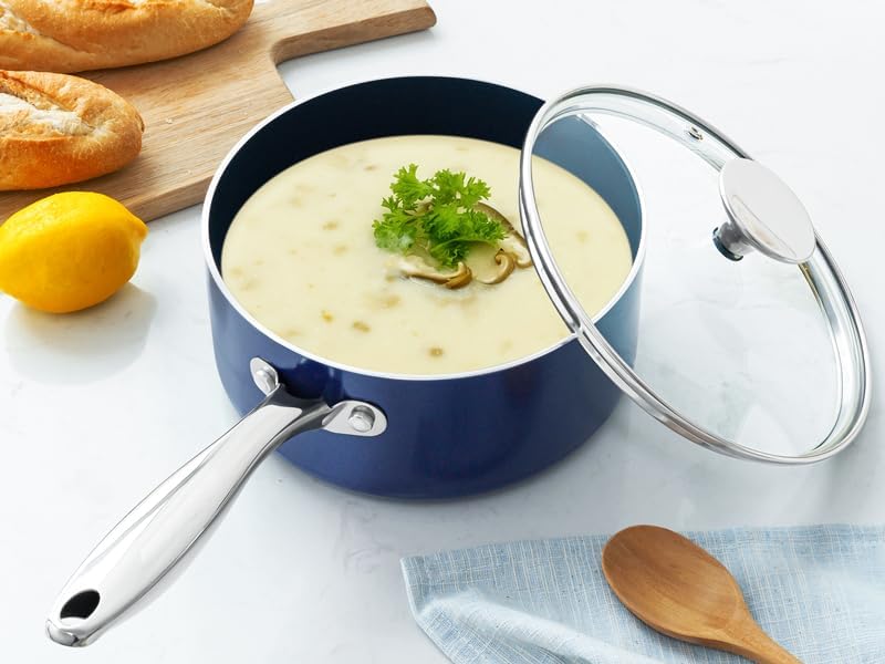 MICHELANGELO 2 Quart Saucepan with Lid, Nonstick Ceramic Sauce Pan with Stainless Steel Handle, 2 Qt Saucepan with Lid Induction Compatible, Oven Safe, Blue