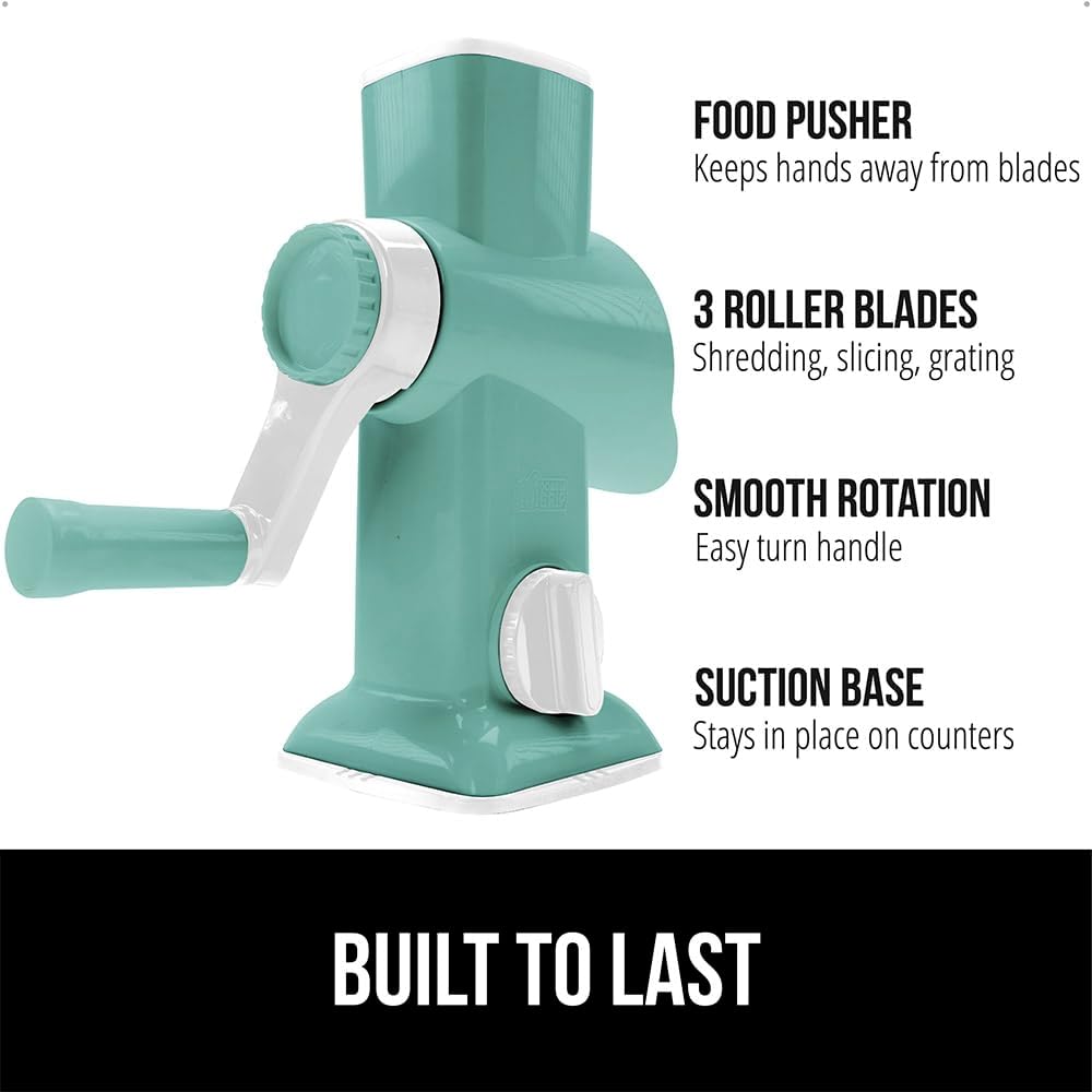 GORILLA GRIP BPA-Free Rotary Cheese Grater Hand Crank, Easy to Set Up, Strong Suction Base for Kitchen Countertop, Shred Potato, Vegetable, Nuts in Seconds, Round Mandoline Slicer, 3 Blades, Mint