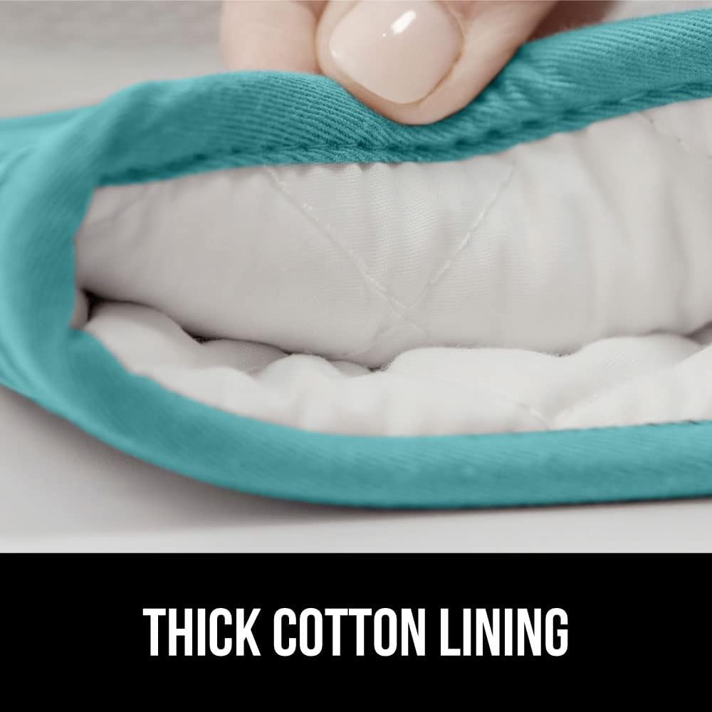 GORILLA GRIP BPA-Free Soft Silicone Oven Mitts, Heat Resistant and Waterproof Cooking Gloves, Thick Cotton Lining, Flexible Gripping for Baking Grilling, Kitchen Potholders Set, 12.5x8.3, Turquoise