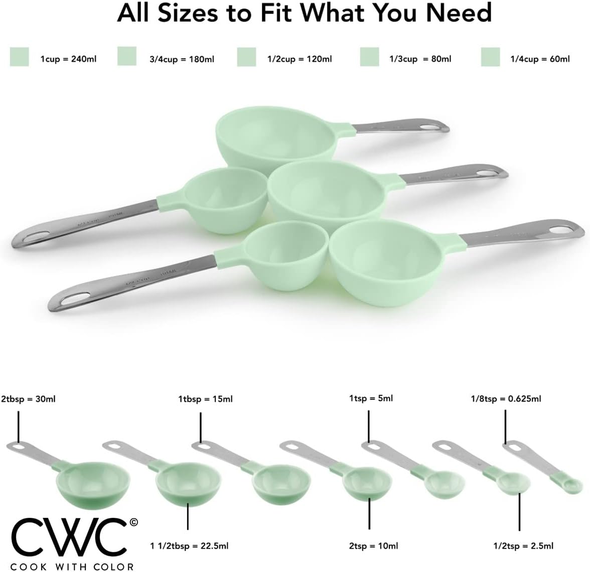 COOK WITH COLOR Measuring Cups Set and Measuring Spoon Set, Stainless Steel Handles, Nesting Kitchen Measuring Set, Liquid Measuring Cup Set, 12 PC Stainless Steel, Mint