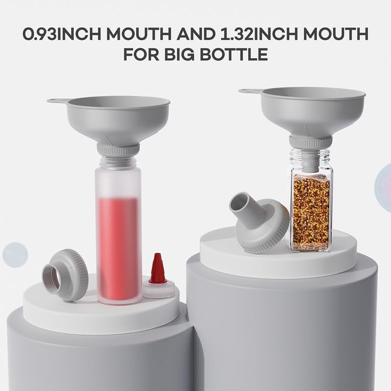 Pisol Wide Mouth Versatile Funnel, Canning Funnels for Kitchen Use, Food Grade Plastic Cooking Funnel Set with 4 Size Spouts and 2 Strainers for Filling Different Bottles and Bags, Grey