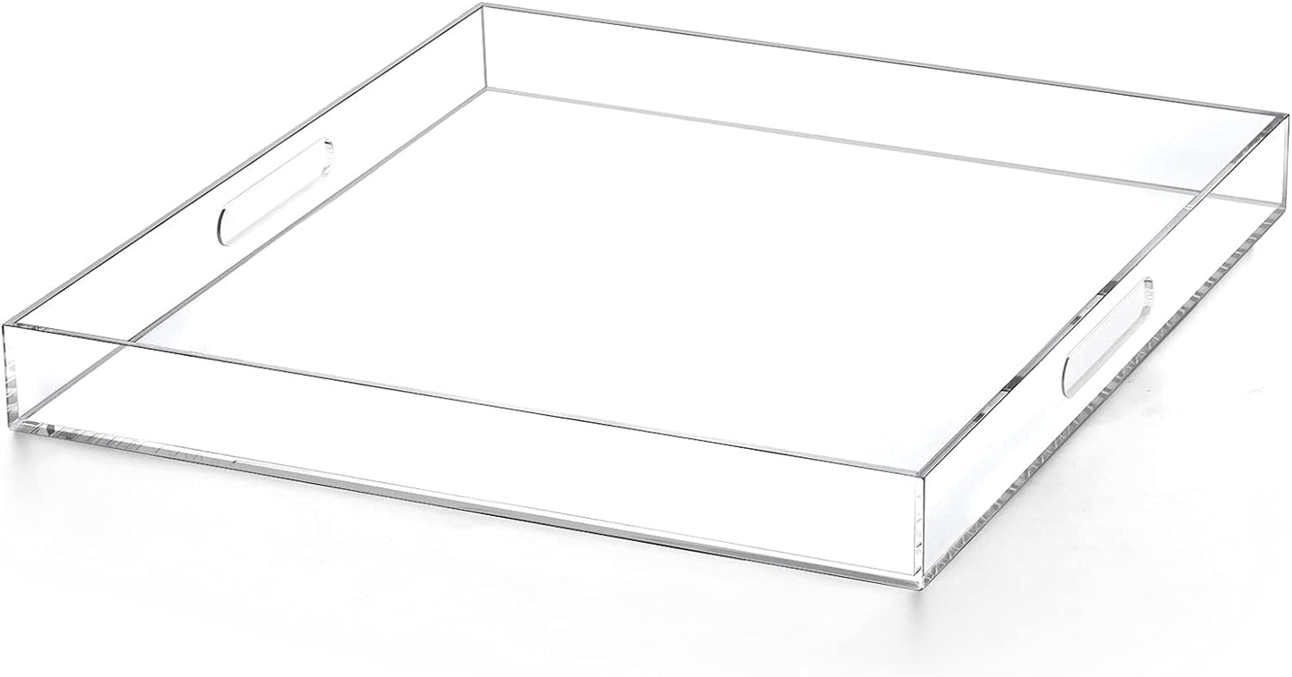 Extra Large Clear Modern Acrylic Ottoman Tray with Cutout Handles 22x22 Inch Over-Sized Serving Tray Organizer Boot Tray Decorative Tray for Living Room Bedroom Entryway and Kitchen Tabletop