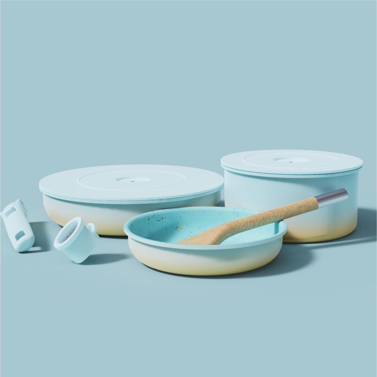 BytheTable Ombré Ceramic Titanium Non-Toxic, Nonstick Cookware Set 8-Piece Modular System with Removable Handle and Magnetic Lid, Magnetic Spatula, Eco-Friendly, Oven & Dishwasher Safe (Cataline Blue)