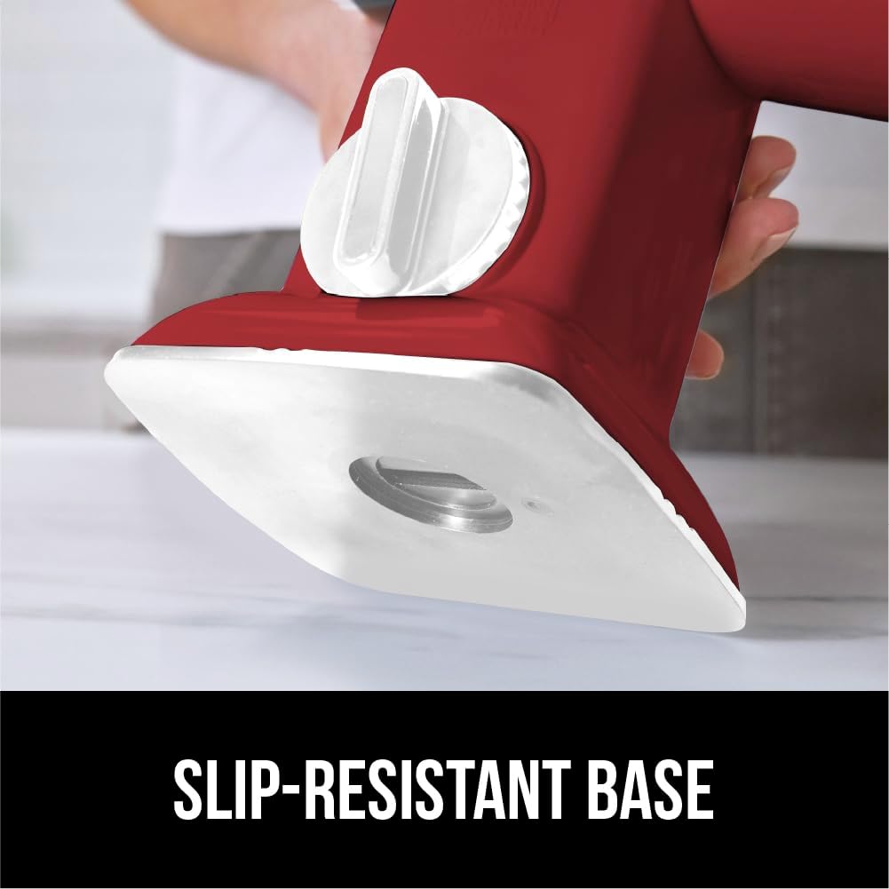 GORILLA GRIP BPA-Free Rotary Cheese Grater Hand Crank, Easy to Set Up, Strong Suction Base for Kitchen Countertop, Shred Potato, Vegetable, Nuts in Seconds, Round Mandoline Slicer, 3 Blades, Red