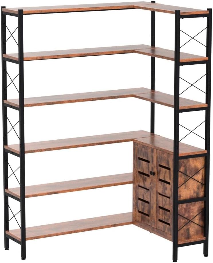 6-Shelf Corner Bookshelf, Vintage Industrial Corner Shelf Etagere Bookcase, Large Book Shelf with Metal Frame Open Storage Corner Cabinet (Brown-Lockers)
