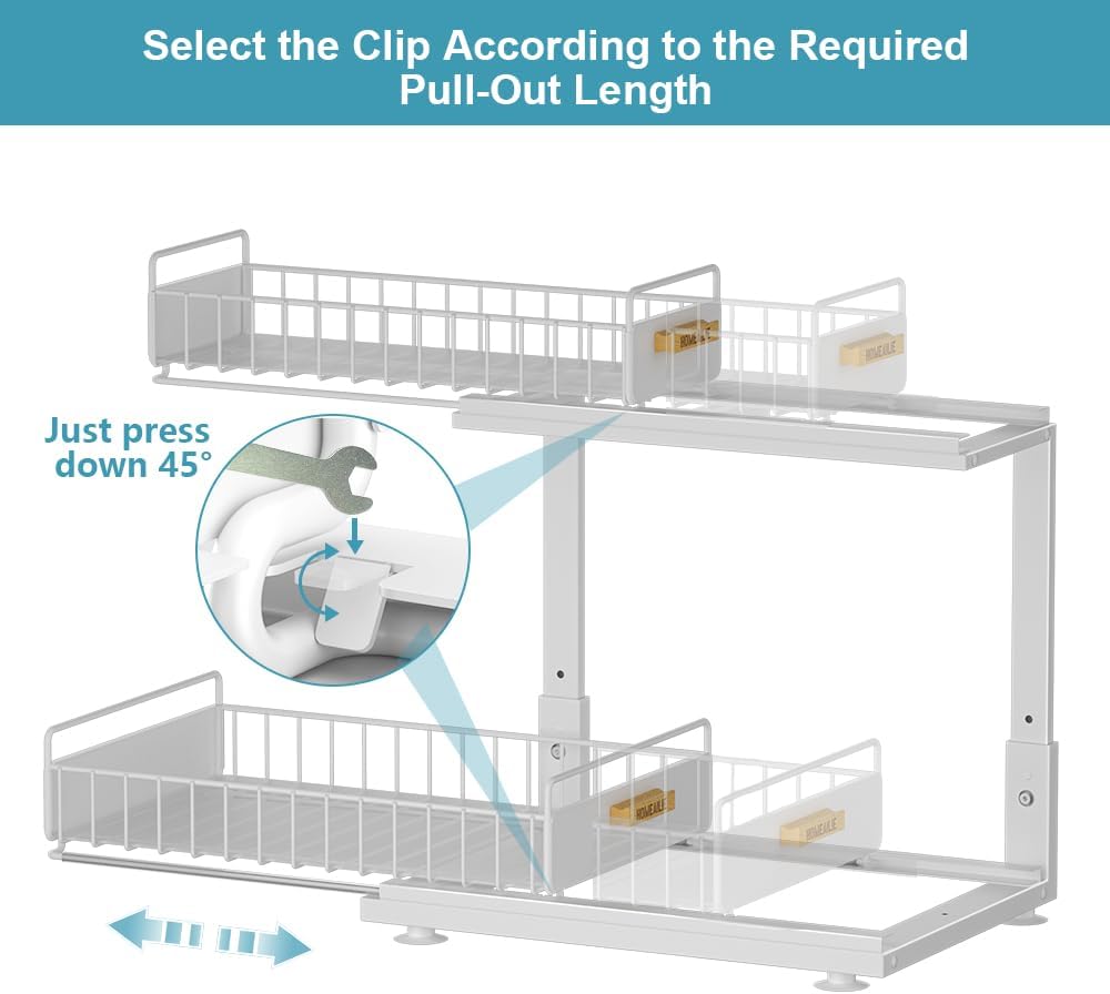 Under Sink Organizer, Pull Out Kitchen Cabinet Organizer, 2-Tier Metal Under Sink Organizers and Storage Height-Adjustable, Kitchen Bathroom Organizers and Storage Shelves, White