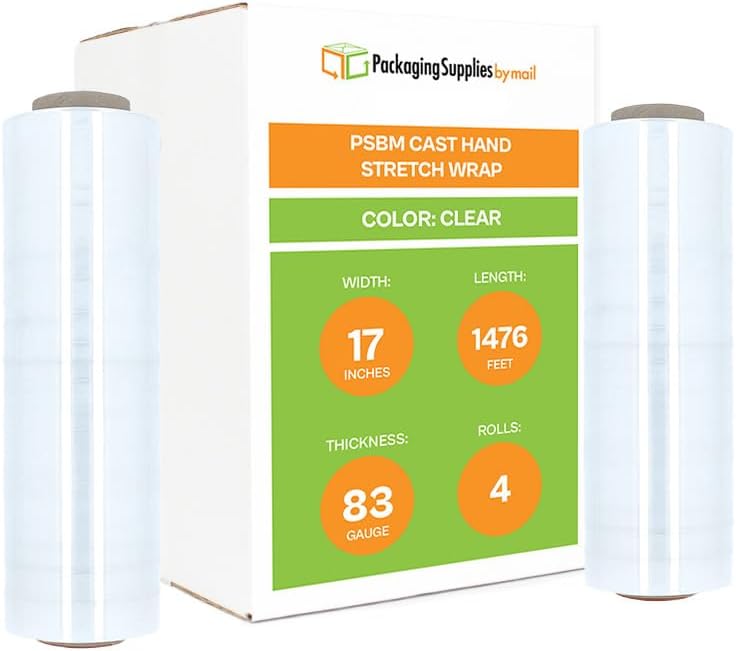 PSBM Stretch Wrap, 4 Pack, 17 Inch x 1476 Feet, 83 Gauge, Clear Plastic Cling, Cast Hand Stretch Film Rolls for Packaging Moving Packing Pallets