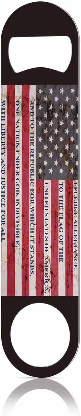 Usa Flag Stainless Steel Bottle Opener Pledge of Allegiance Written on A Weathered United States of America Flag Flat Beer Bottle Opener Keychain for Home Kitchen Bar Restaurant Party Gift