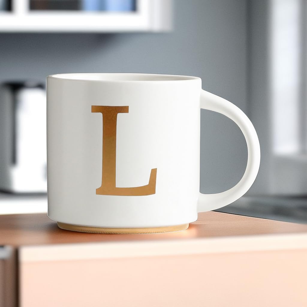 COLLECTIVE HOME - Monogram Ceramic Mugs, 15 oz Golden Initial Coffee Cups, Elegant Alphabet Tea Mugs, Elegant Personalized Mug with Gift Box, Unique Mug with Double Side Capital Letter (L)
