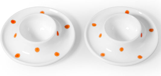 Cinf Ceramic White Egg Holder Set of 2 Porcelain Holder Breakfast Boiled Cooking Easy to Clean Childhood Memories Kitchen（Orange Dot)