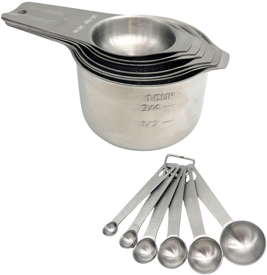 Stainless Steel Measuring Cups and Measuring Spoons Set with Circular Connector,Kitchen Measuring Spoons and Cups，kitchen tool for cooking and baking(13 Piece Set)