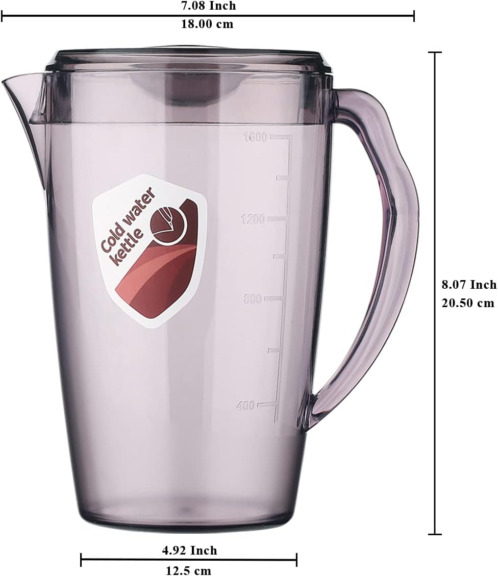 HOMQUEN Plastic Pitcher, 60 Oz/1.8L Water Carafe with Lid, Iced Tea Pitcher, Jar Pitcher, Jug with Handle for Tea, Juices, Milk, Cold or Hot Beverages (1 Pack/Gray)