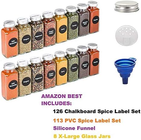 8 Extra Large, 8oz, BEST VALUE, Glass Spice Jars with 113 PVC Clear, plus 126 pre-printed Spice Chalkboard Labels. 8 Square Empty Jars, Airtight Cap, Pour/Sift Shakers