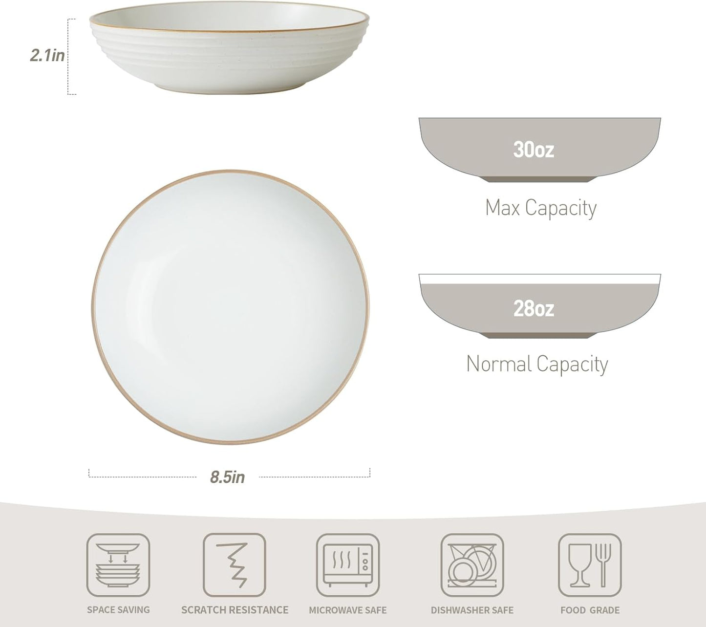 famiware Jupiter Pasta Bowls, 30 OZ Large Salad Bowls Set of 4, Microwave and Dishwasher Safe, Sturdy and Stackable, Serving Bowls for Kitchen, White