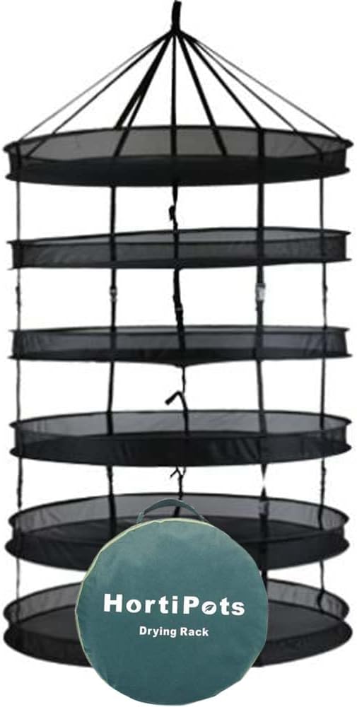 HORTIPOTS Herb Drying Rack 360 Degree Access 3 Feet Clip Adjustable Center Support Straps NO Sagging Fine Mesh Netting (Heavy Duty Clips 3FT)