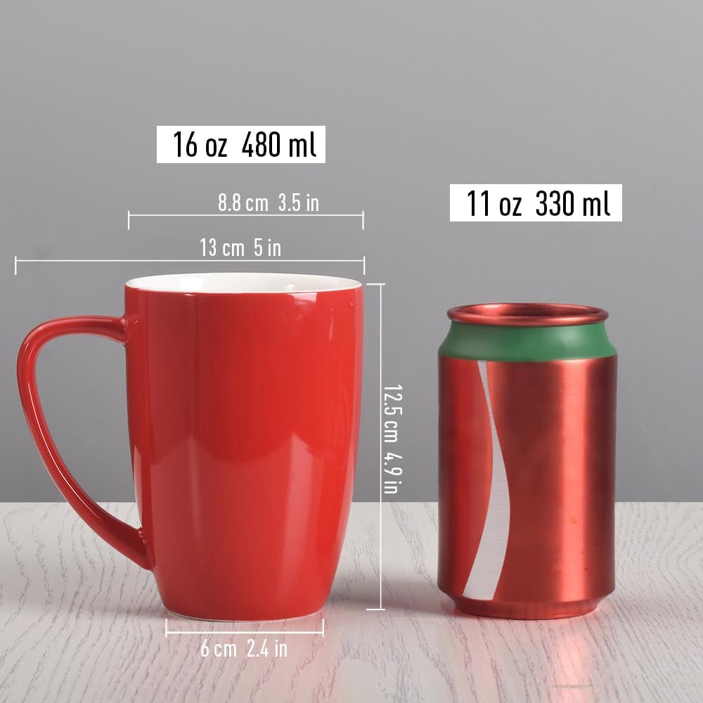 homEdge Porcelain Mug Set, 16 Ounces Cup for Tea, Latte, Mocha, Hot Chocolate, Set of 6, Red