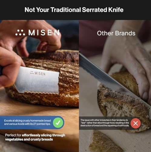 Misen Serrated Bread Knife – High-Carbon Japanese AUS8 Steel – Effortless Slicing of Bread, Pastries, and Fruits – Razor-Sharp Edge and Durable Blade with Ergonomic Handle - 10", Red