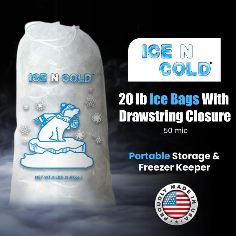 Ice Bags with Drawstring Closure | 20lb, 100ct/cs | 50 mic Thickness | Portable Storage and Freezer Keeper
