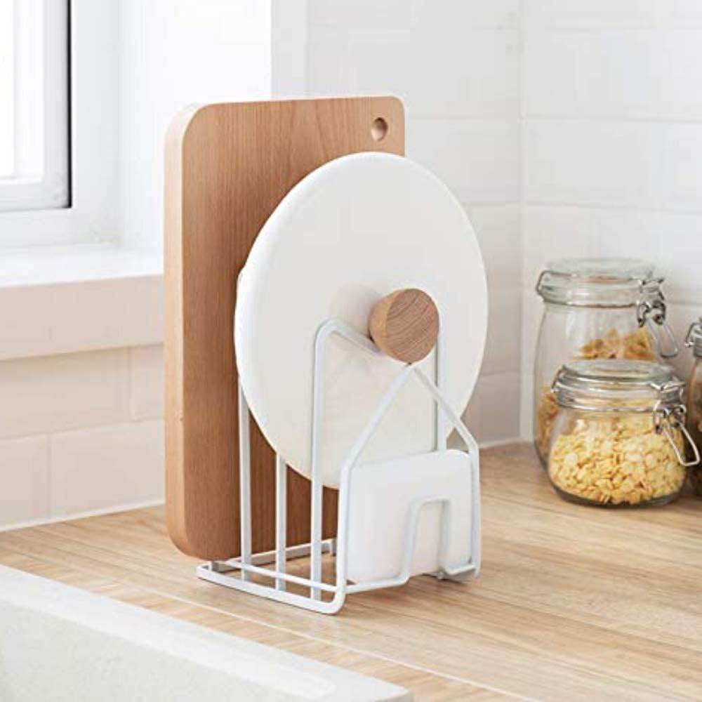 SUNFICON Cutting Board Rack Chopping Board Organizer Pot Pan Lids Holder Thin Bakeware Baking Tray Drying Display Stand Kitchen Countertop Cupboards Cabinet Office Sturdy Metal 4.92x5.7x8.47 in.White