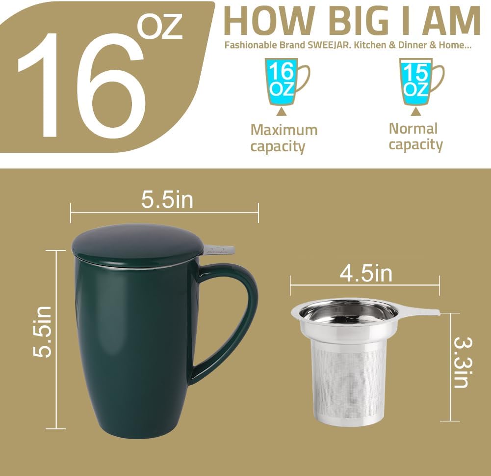 Sweejar Porcelain Tea Mug with Infuser and Lid,Teaware with Filter, Loose Leaf Tea Cup Steeper Maker, 16 Fl Oz for Tea/Coffee/Milk/Women/Office/Home/Gift (Gradient Blue)