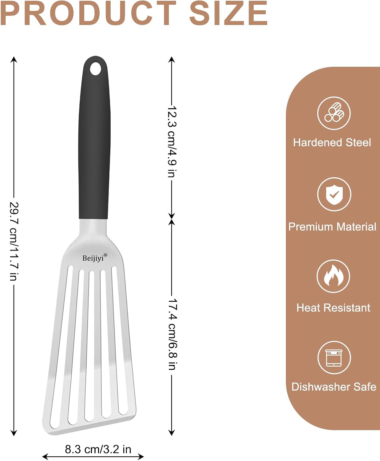 Beijiyi Stainless Steel Fish Spatula, 11.7" Small Metal Spatula for Cast Iron Skillet, Slotted Turner with Silicone Handle, Kitchen Cooking Flipper for Fish, Egg and Burger