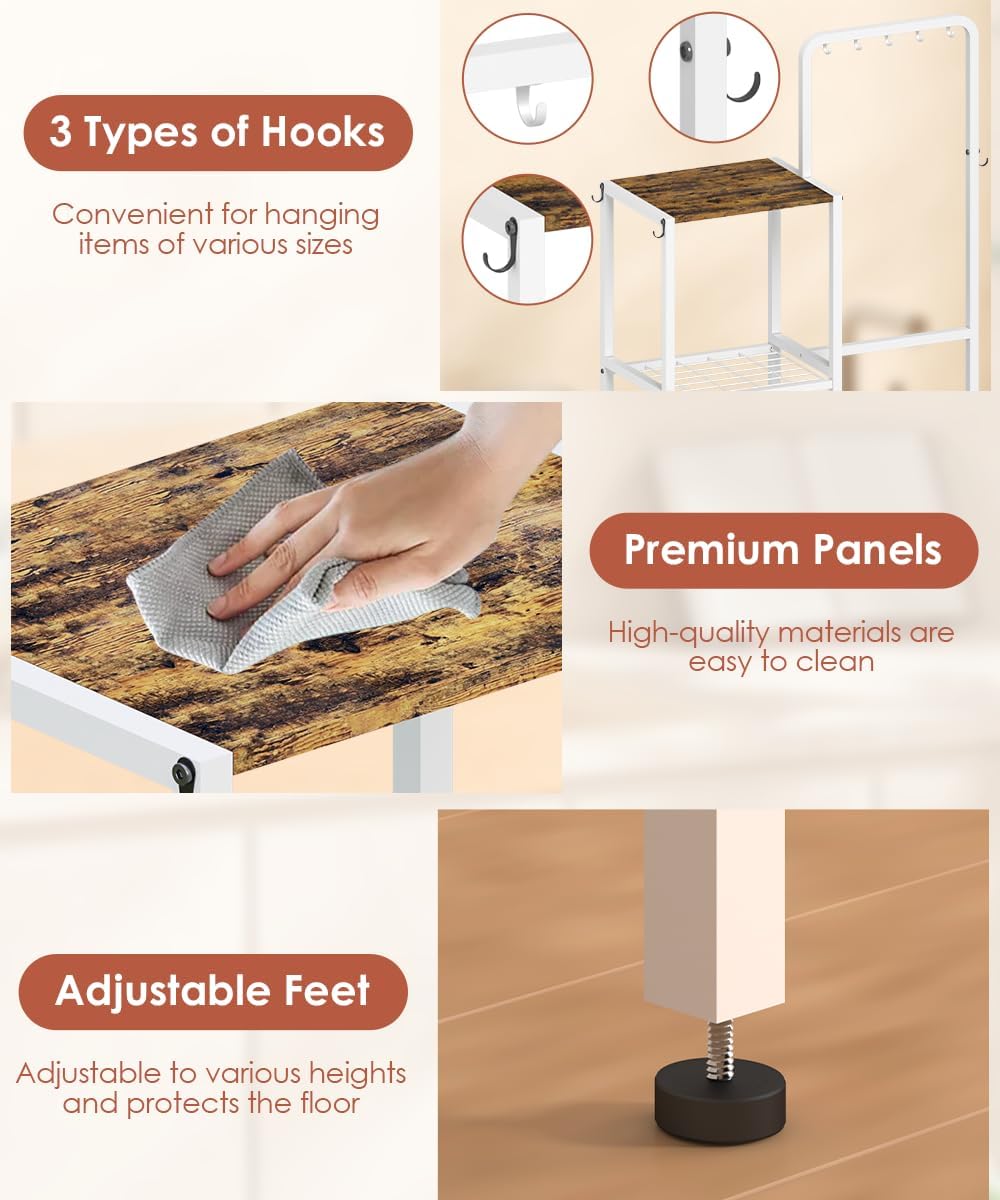 Mocomax 3-Tier Pot and Pan Organizer Rack, Free Standing Cookware Storage Stand, Multifunctional Metal Corner Shelf Holds 50LB, Pan Pot Lid Tower Holder with 8 Hooks for Kitchen Pantry and Home, White