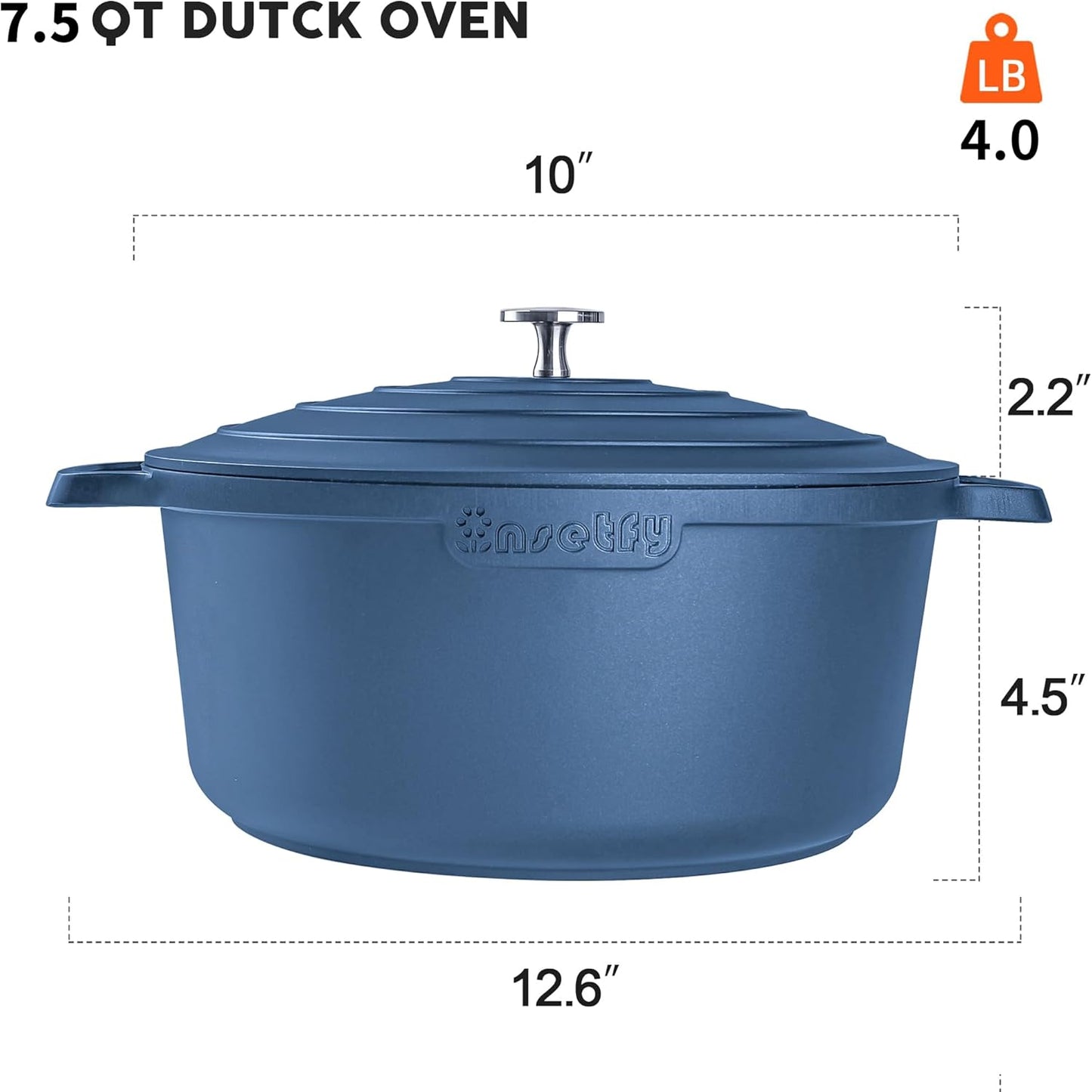 Large Dutch Oven Pot with Lid-7.5QT Cast Aluminum Oven Pot with Two Handles Lightweight for Bread Baking Braising and Roasting(Blue)