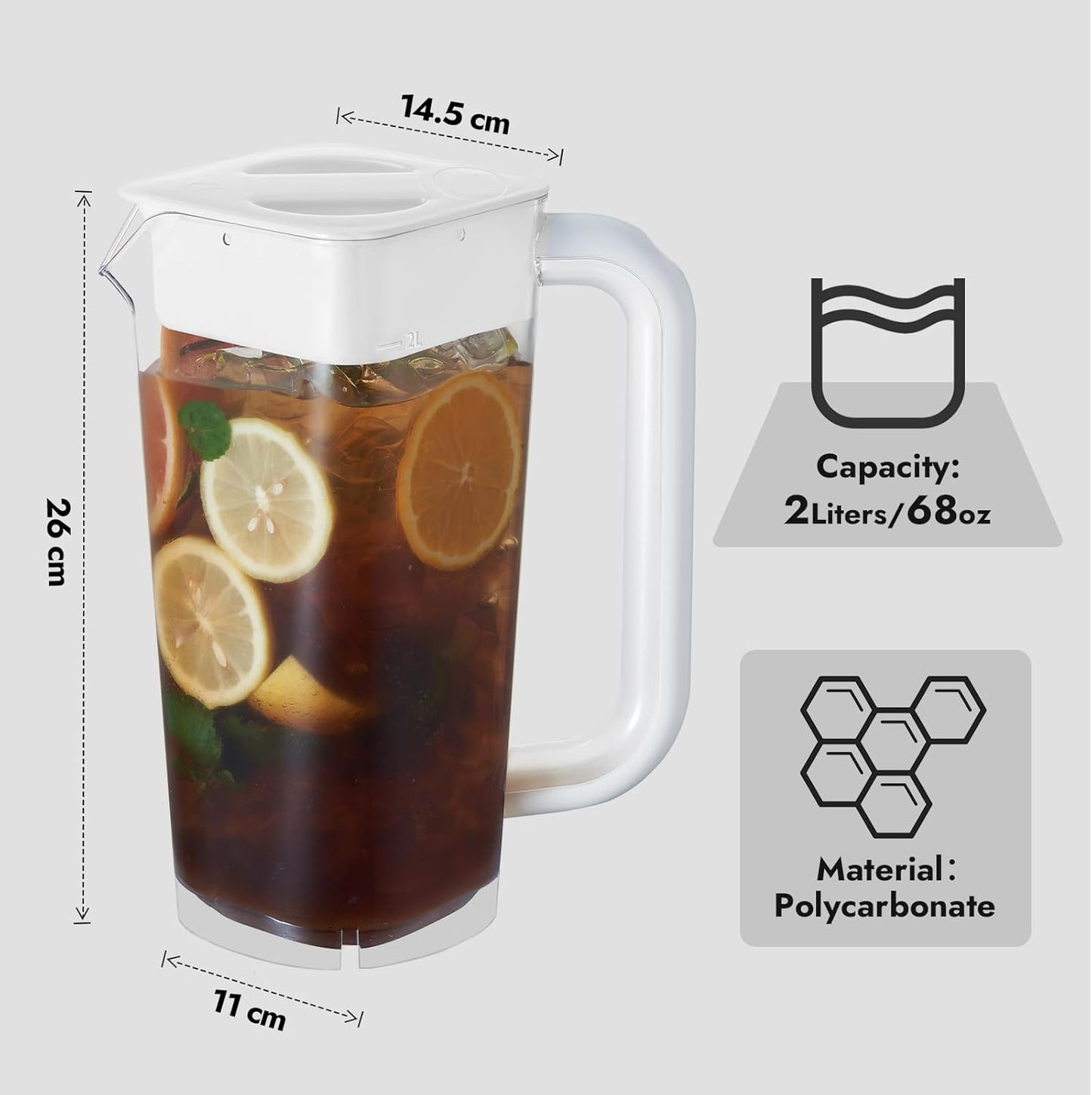 CURTA 2 Pack 2 Liters/68 oz clear Plastic Square Pitcher with Lid & Handle for Kitchen,ICED JUICE and Coffee Carafe Beverage Serveware, Acrylic Water Jug for Hot/Cold Drinks&lemonade