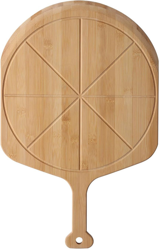 12.6” Bamboo Pizza Peel - Lightweight Smooth Wooden Pizza Paddle and Pizza Cutting Board with 8 Slice Grooves, Outdoor Pizza Oven Accessories, 19.7 Inch x 12.6 Inch