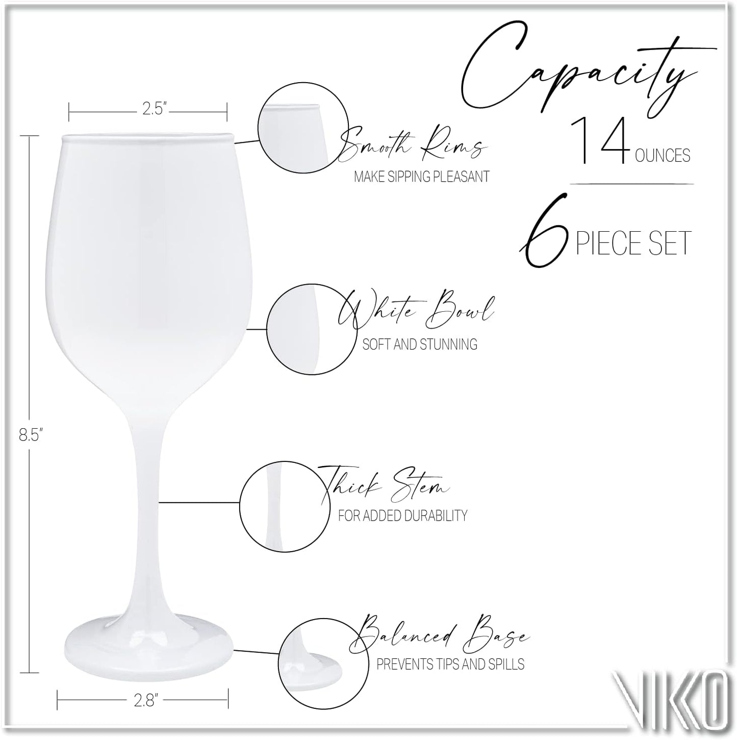 Vikko Decor Fancy White Wine Glasses, 14 Oz With Stem - Thick & Durable, Dishwasher Safe, Great For Wine Tasting - Set Of 6 Decorative Goblets