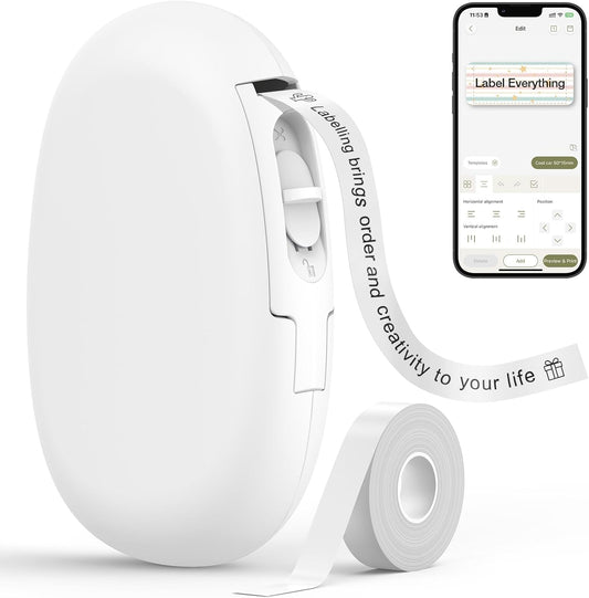 SUPVAN E10 Bluetooth Label Maker Machine with Tape, Continuous Waterproof Label, Versatile App with 35 Fonts and 1k+ Icons, Inkless Labeler for Home, Kitchen, School, Office Organization, White