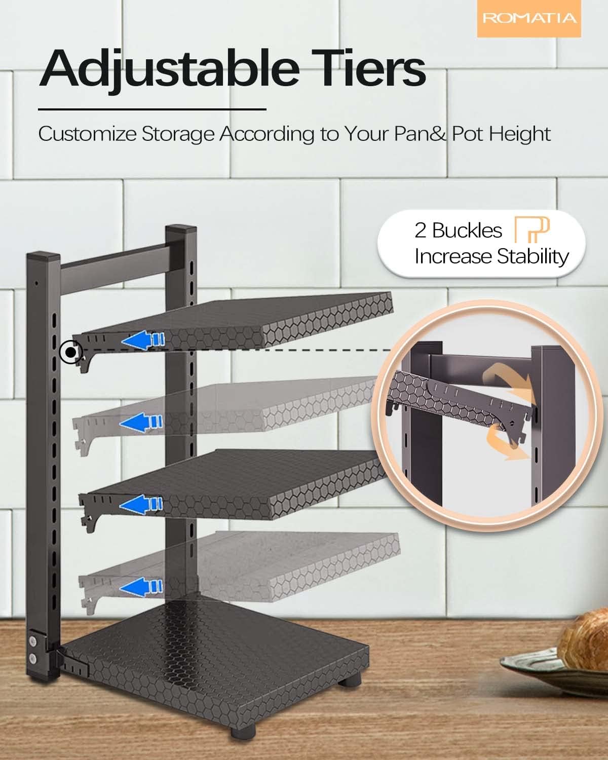 Pot and Pan Organizer Rack for under Cabinet, Heavy Duty Pot Pan Rack under Sink Organizers and Storage, Pot lid organizer, Kitchen Cabinet Organizer with 7 Adjustable Shelves